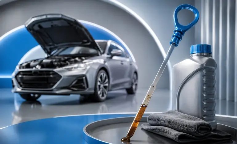 Checking car engine oil level with dipstick