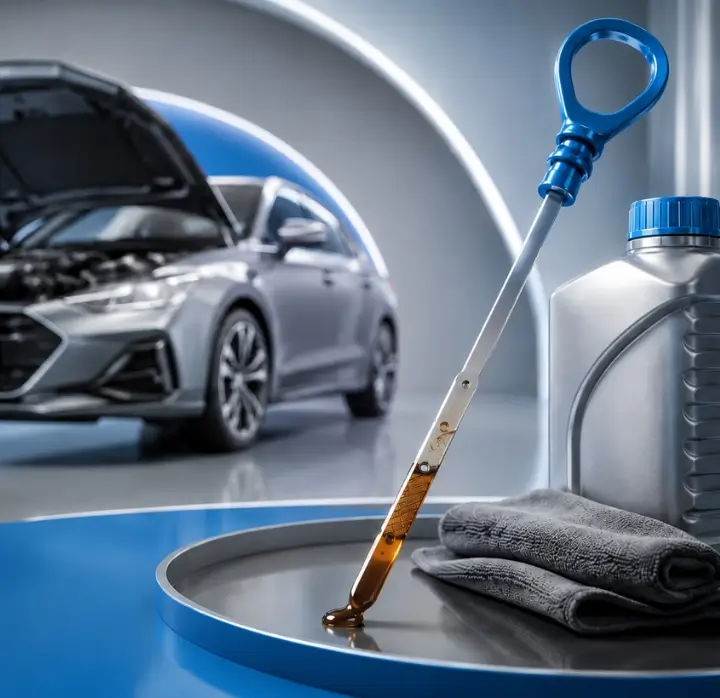 Checking car engine oil level with dipstick